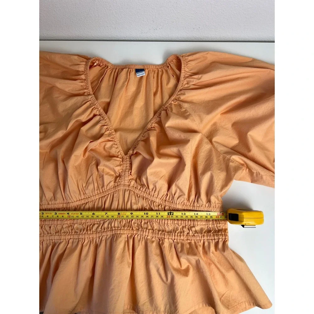 Old Navy Peach Poplin Peplum Blouse L Puff Sleeve Romantic Prairie‎ Babydoll Top